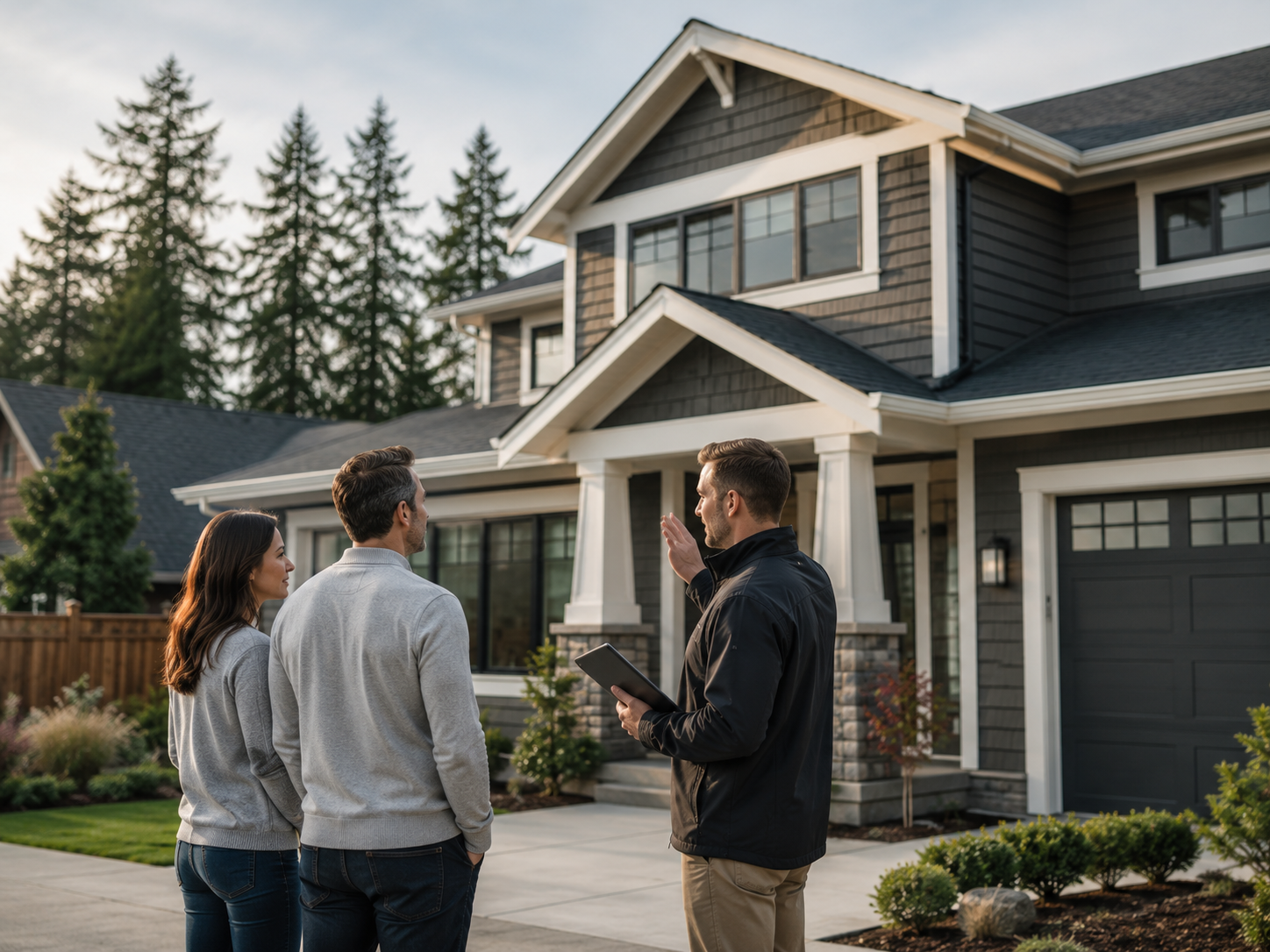 Exterior remodeling consultant reviewing a home with a couple in front of a finished roof, siding, windows, and trim project.